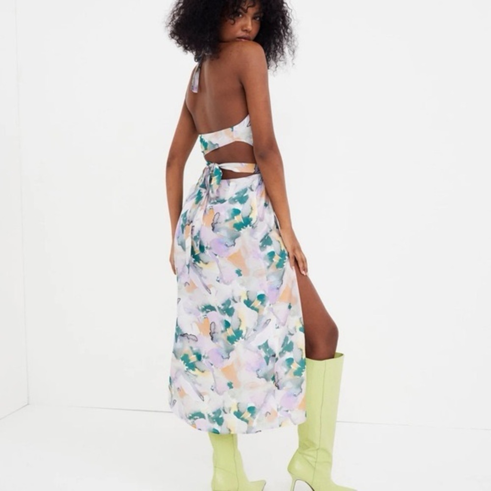For Love And Lemons Megan Midi‎ Dress Purple Floral Satin Wrap Slit Sundress NEW - Picture 2 of 10